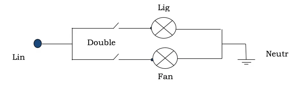 Schematic diagram of connecting a light and fan using double switch